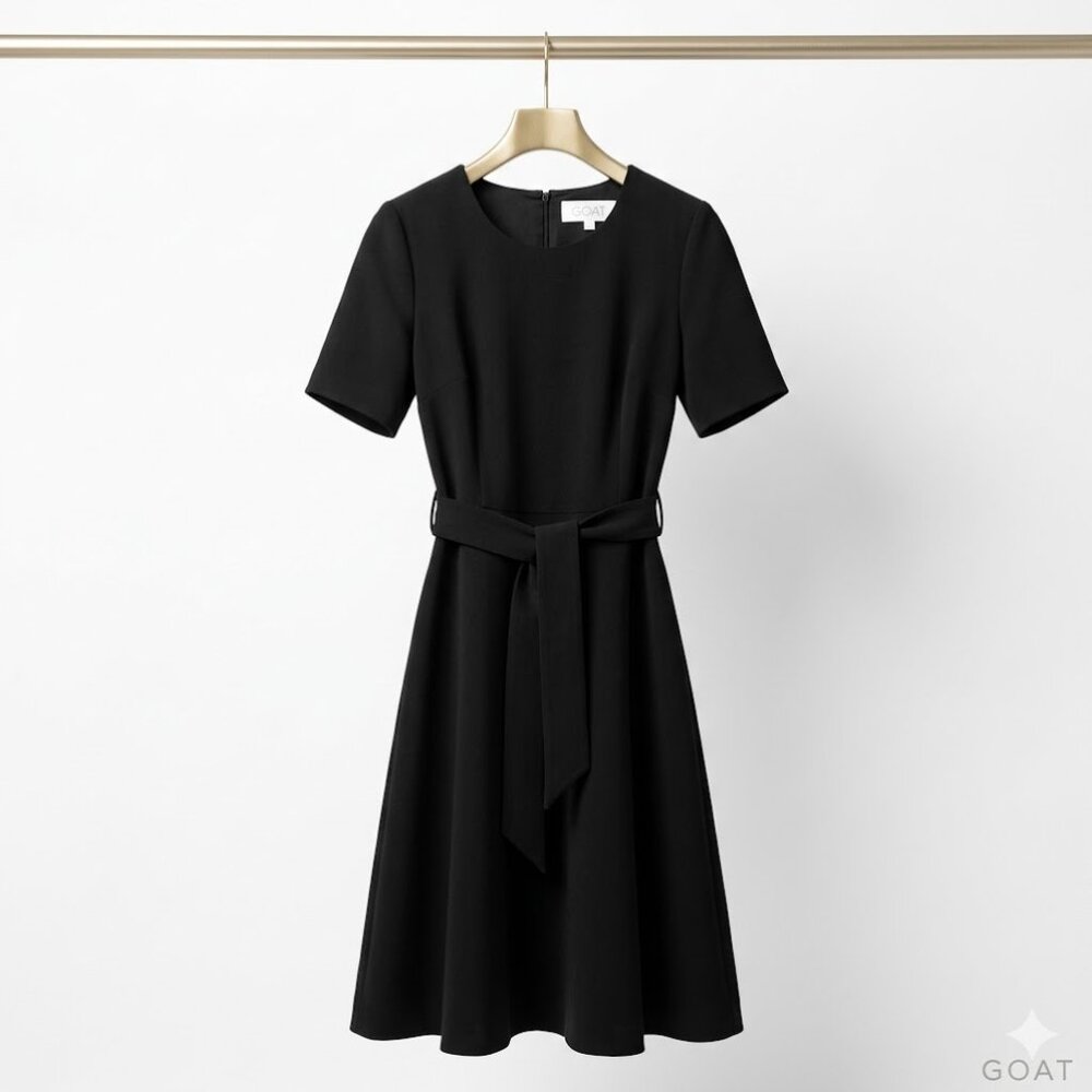 Goat Classic Black A-Line Belted Wool Crepe Dress XS